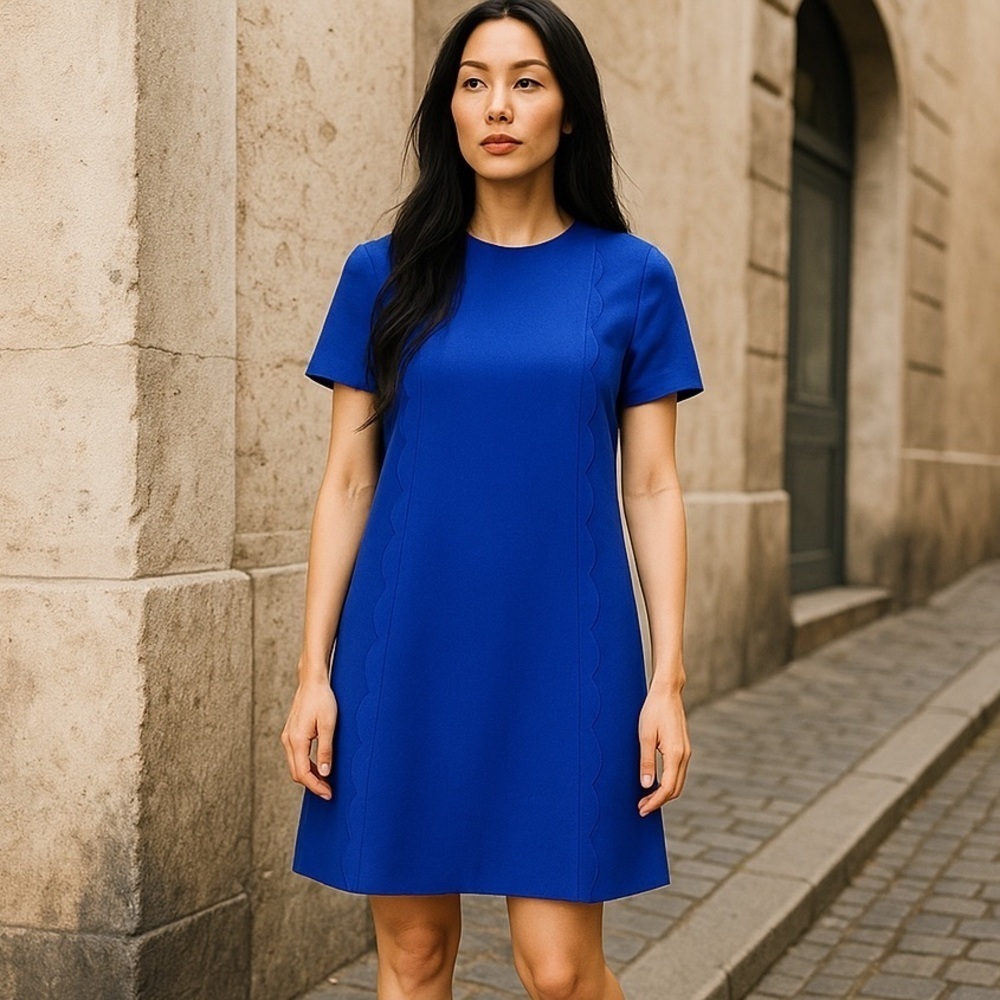 Tahari - Levine Studio Blue Sheath Scalloped Midi Dress Women’s Size 4 NWT